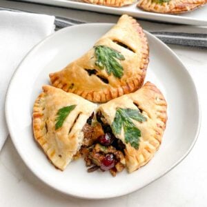 baked vegetarian empanadas on a white plate