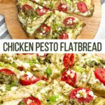 chicken pesto flatbread cut into 4 pieces on a round wooden cutting board