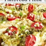 eye level view of chicken pesto flatbread pizza