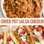 crock pot chicken tacos next to a bowl of shredded salsa chicken