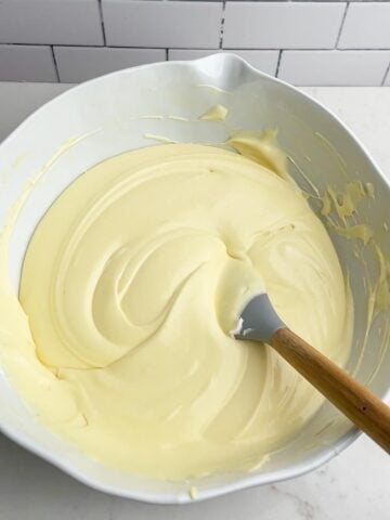 pudding mixture in white mixing bowl.