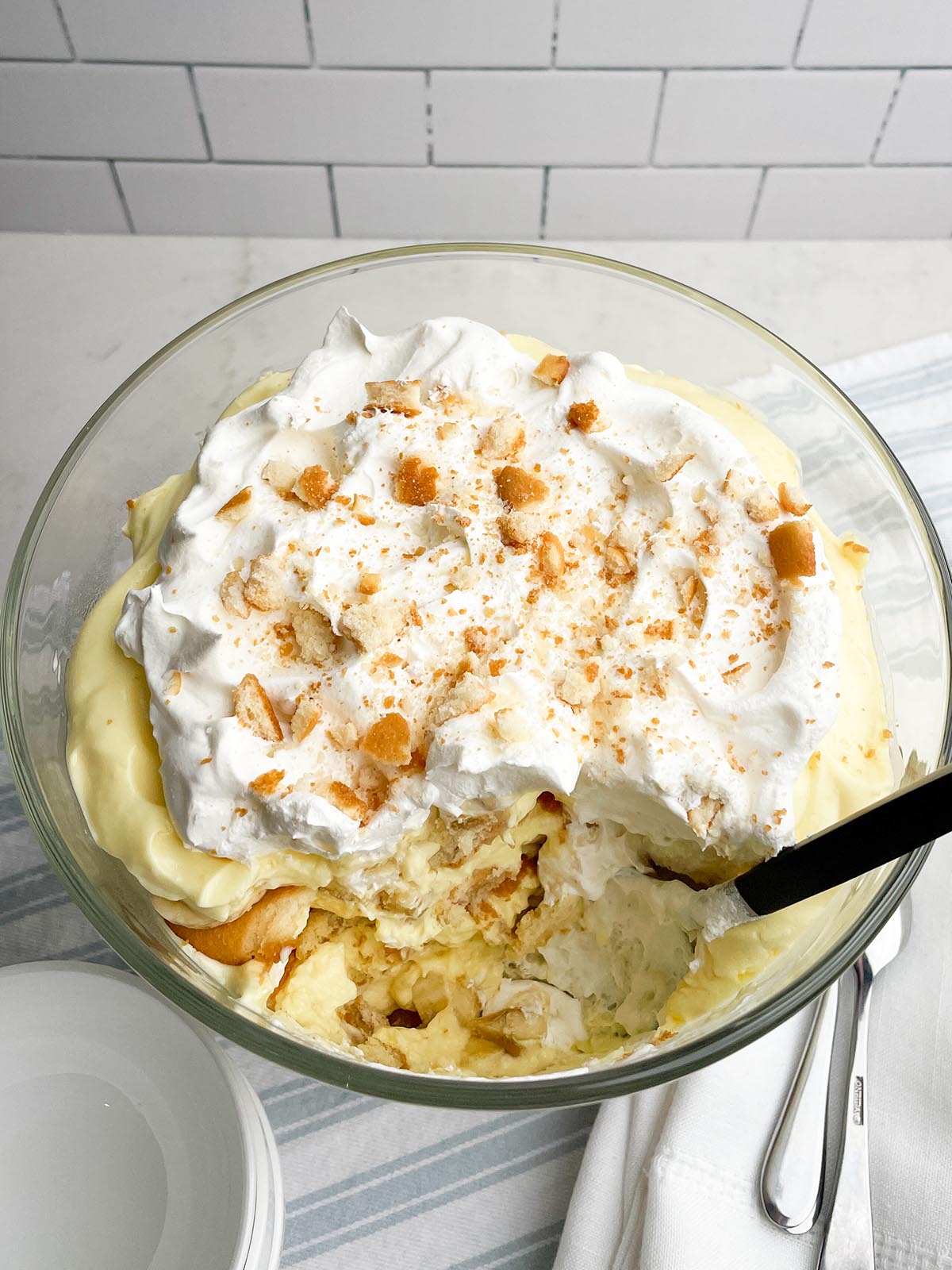 top view of banana pudding with nilla wafer crumbles on top.