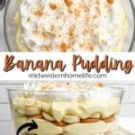 collage with top view and side view of banana pudding in a trifle bowl
