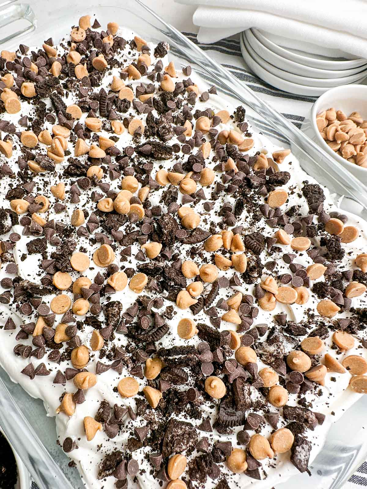 overhead view of peanut butter oreo heavenly dessert in a pan