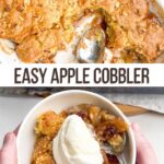 hands holding a bowl of cake mix apple cobbler and vanilla ice cream