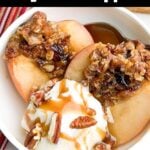 baked cinnamon apple topped with ice cream and caramel sauce