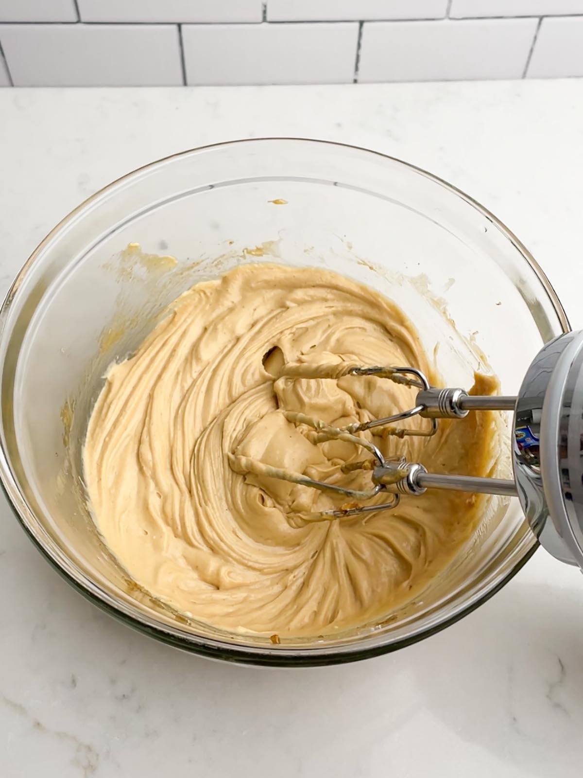 caramel apple dip in a clear bowl