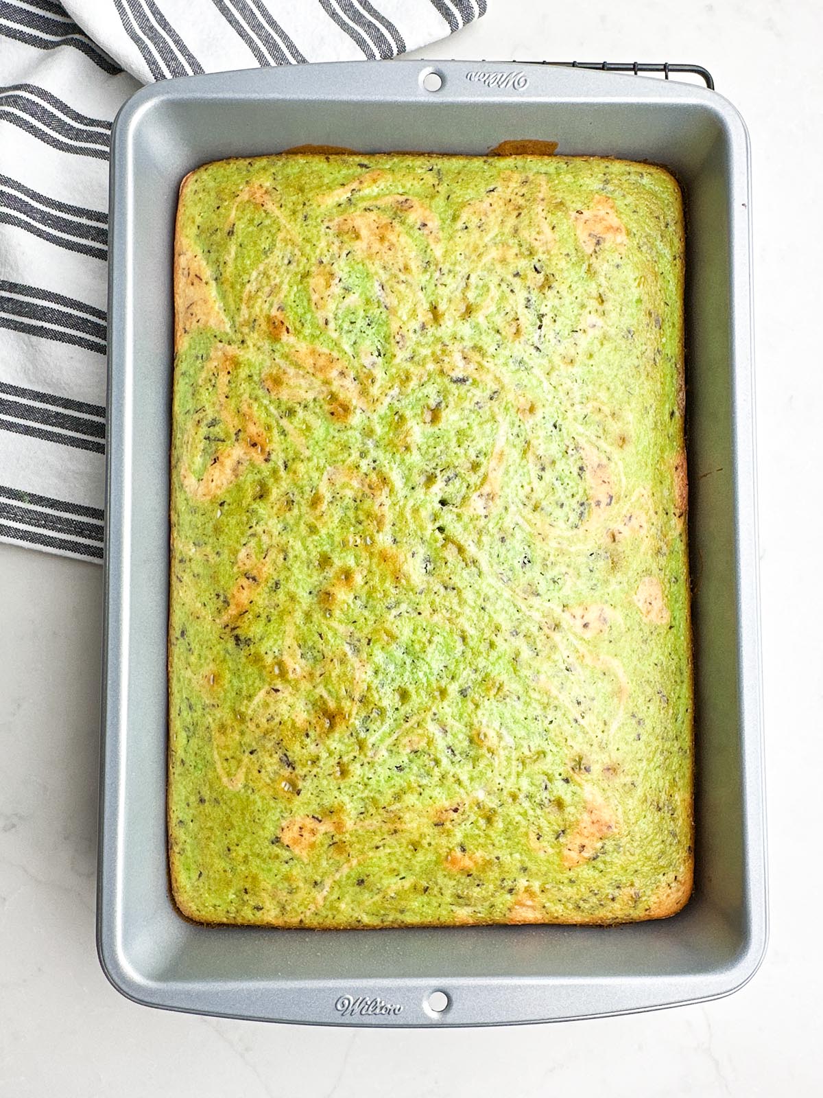 baked mint chocolate cake in cake pan