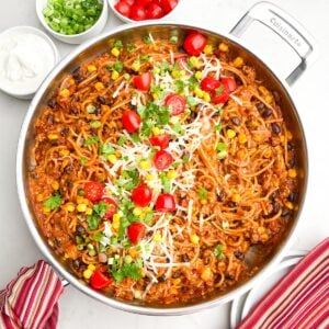 taco spaghetti in stainless steel skillet