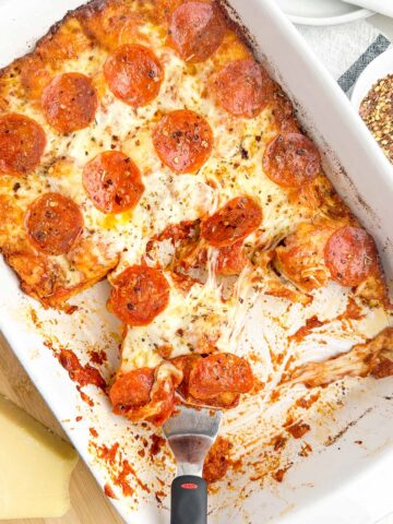 baked pizza casserole in a baking dish.