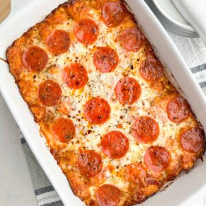 baked pizza casserole in a baking dish.