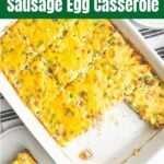 sausage egg bake in a white caserole dish